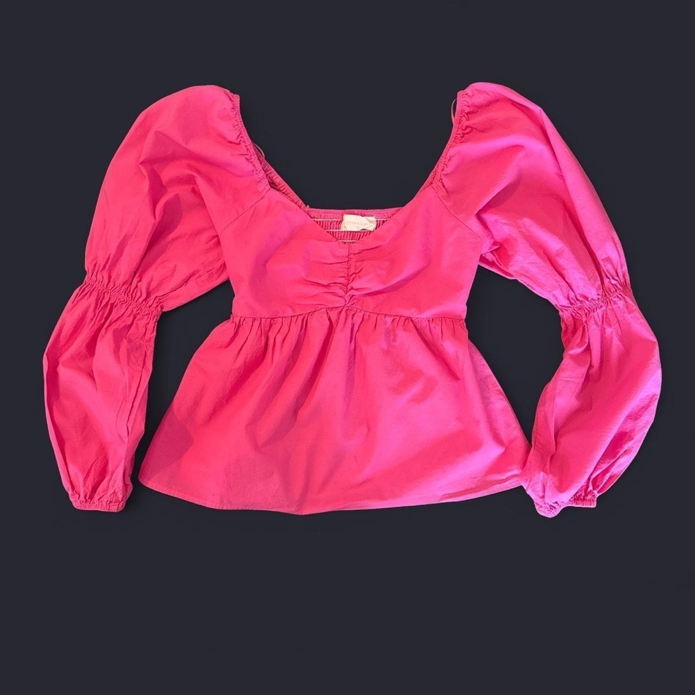 Altar'd State Hot Pink Puff Sleeve Babydoll Smocked Back Sweetheart Blouse XS
